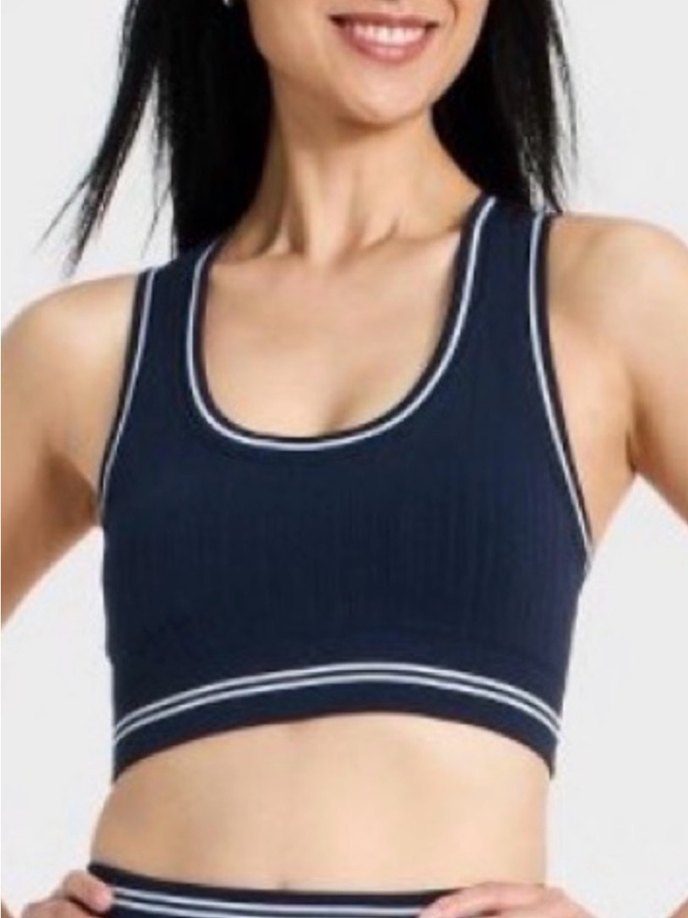 Navy Cable Knit Scoop Neck Sports Bra with White Trim